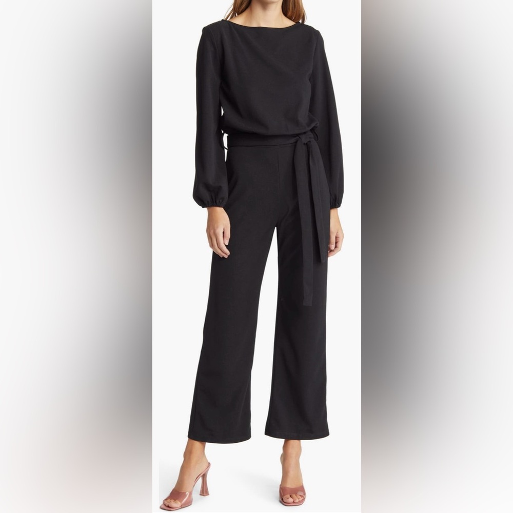 NIKKI LUND JOY LONG SLEEVE TIE WAIST JUMPSUIT IN BLACK SIZE XL